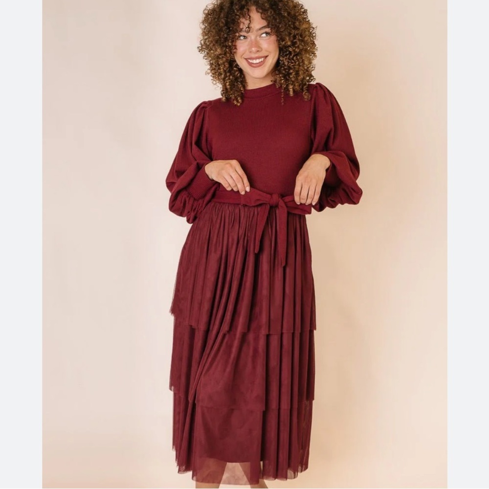 NWT Ivy City Co Womens Wine Cosette Tiered Tulle Maxi Dress Size S